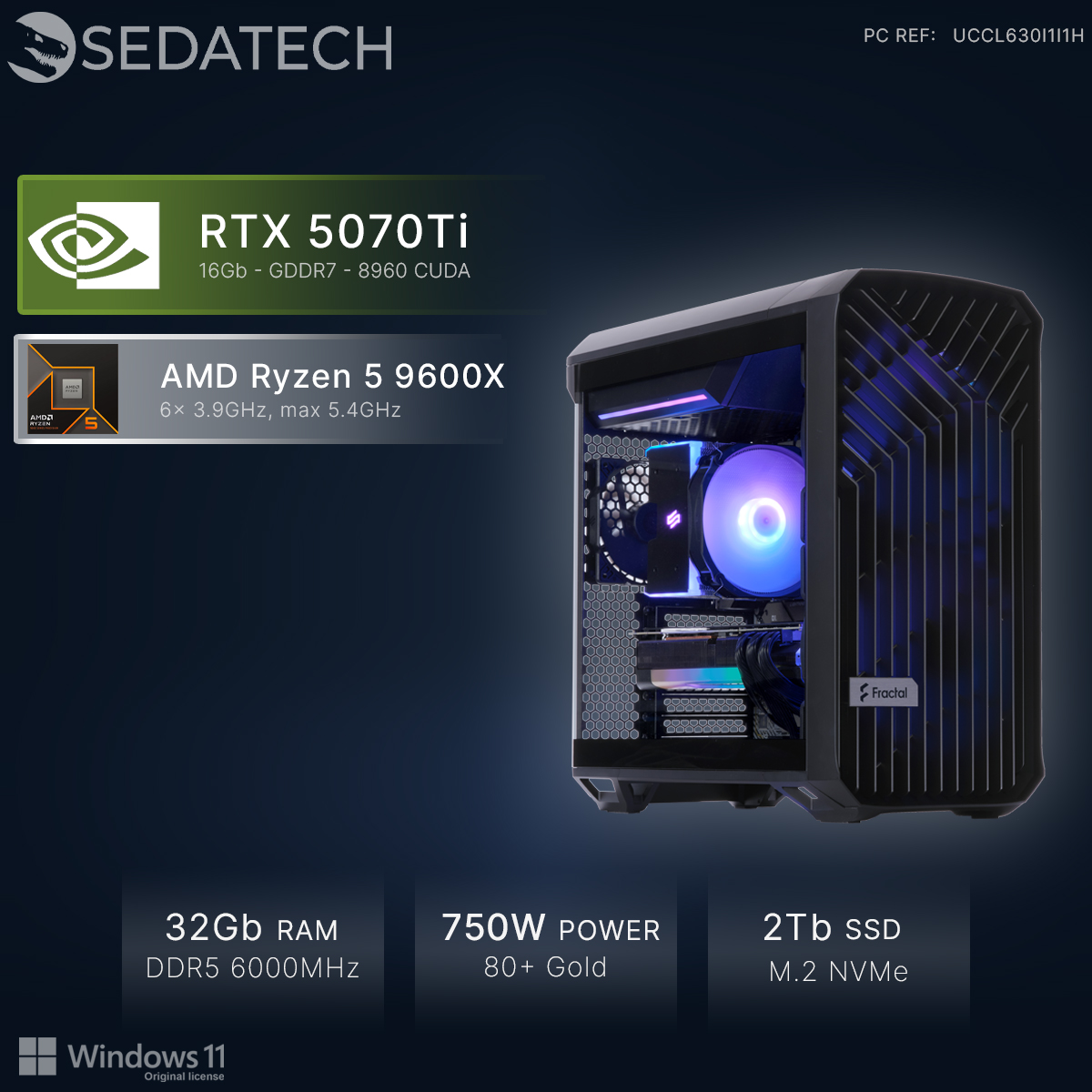PC con RTX 5070Ti, Ryzen 5 9600X, 32GB RAM, PSU 750W, SSD 2TB.