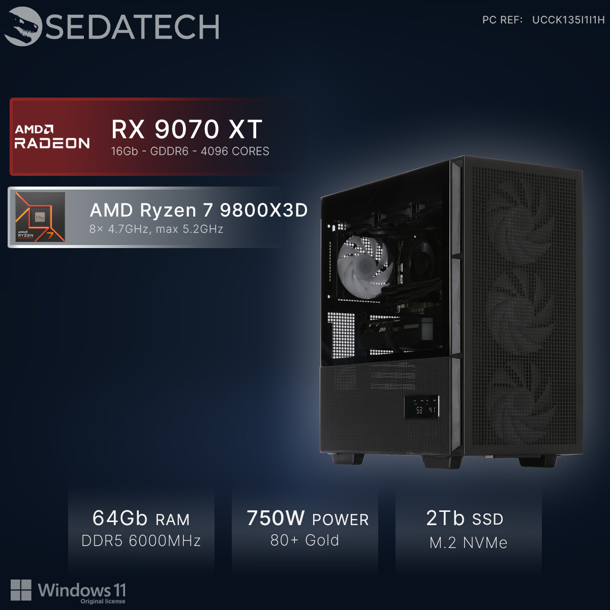 Un PC gaming noir avec AMD Ryzen 7 et RX 9070 XT, 64 Go de RAM, 750W.