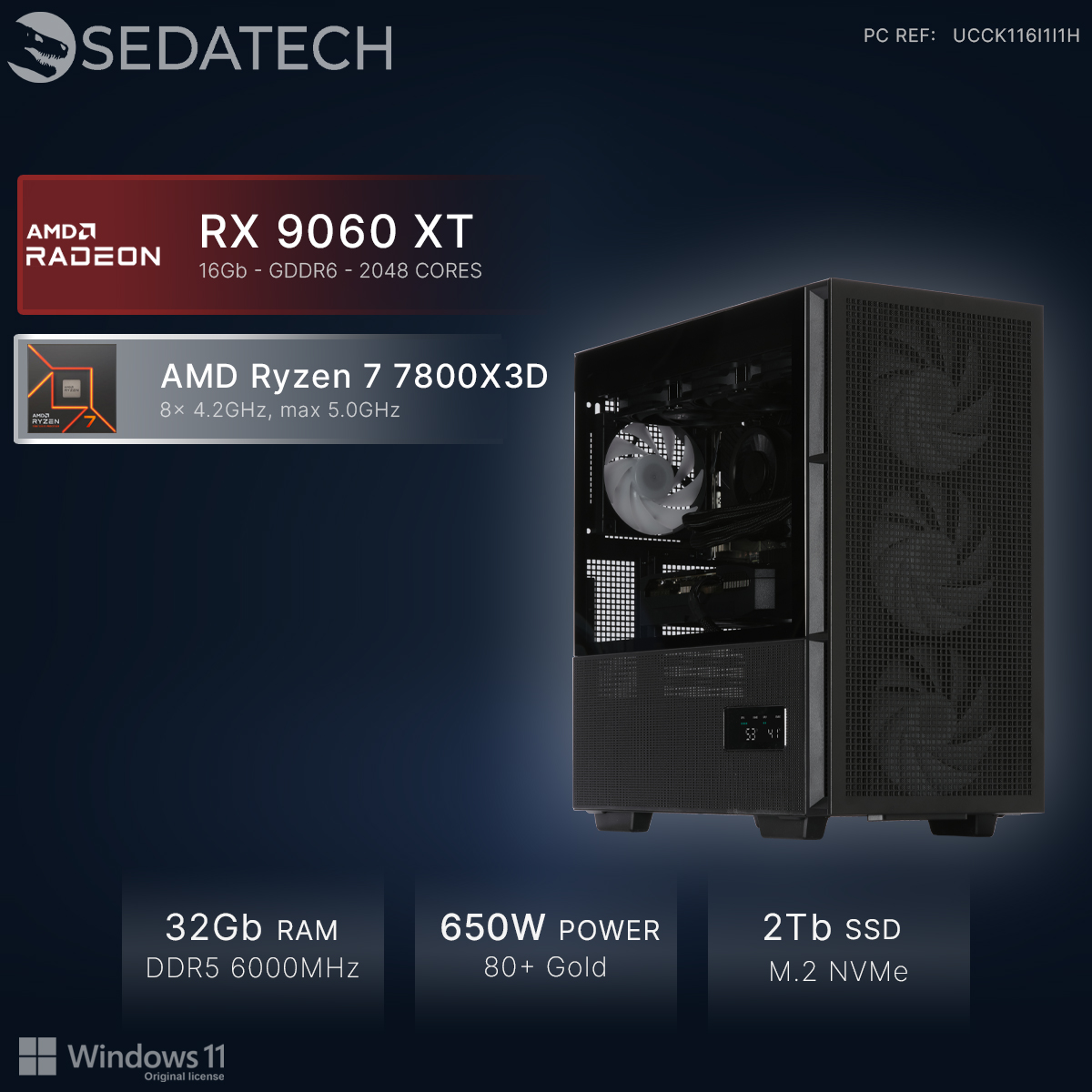 Een zwarte gaming-pc met AMD RX 9060 XT & Ryzen 7 7800X3D, 32GB RAM, 650W.