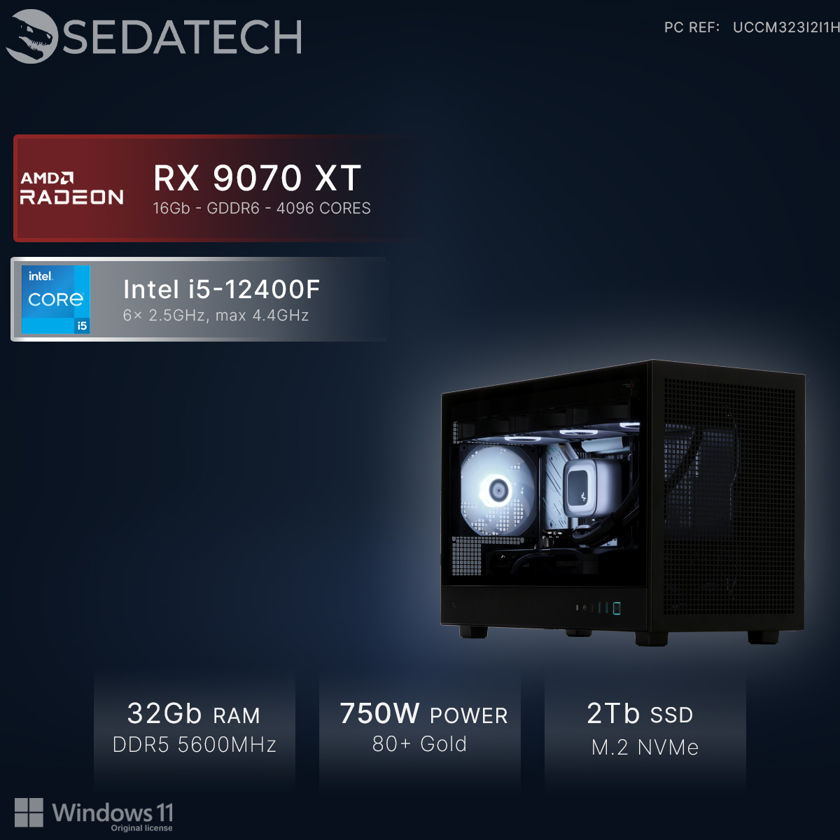 Czarna obudowa komputera z podświetlanymi wentylatorami. Podano specyfikacje.