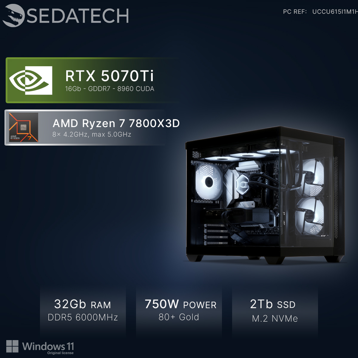 Komputer gamingowy z RTX 5070Ti, AMD Ryzen 7 7800X3D, 32GB RAM.