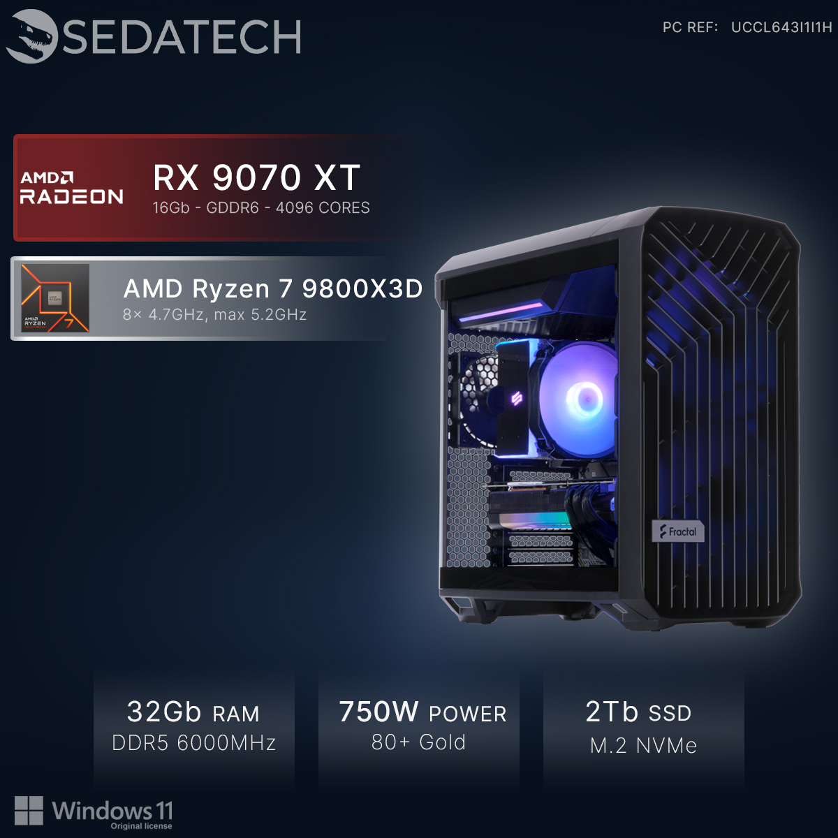 Gaming-pc met AMD Ryzen 7 9800X3D CPU, RX 9070 XT GPU, 32GB RAM, 2TB SSD.