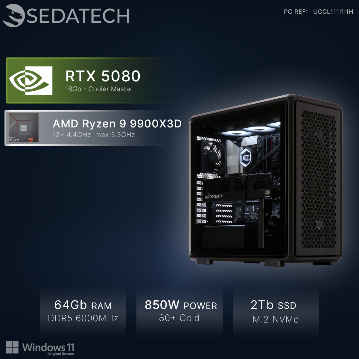 Un PC da gaming nero con RTX 5080 e CPU Ryzen 9. Specifiche visibili.