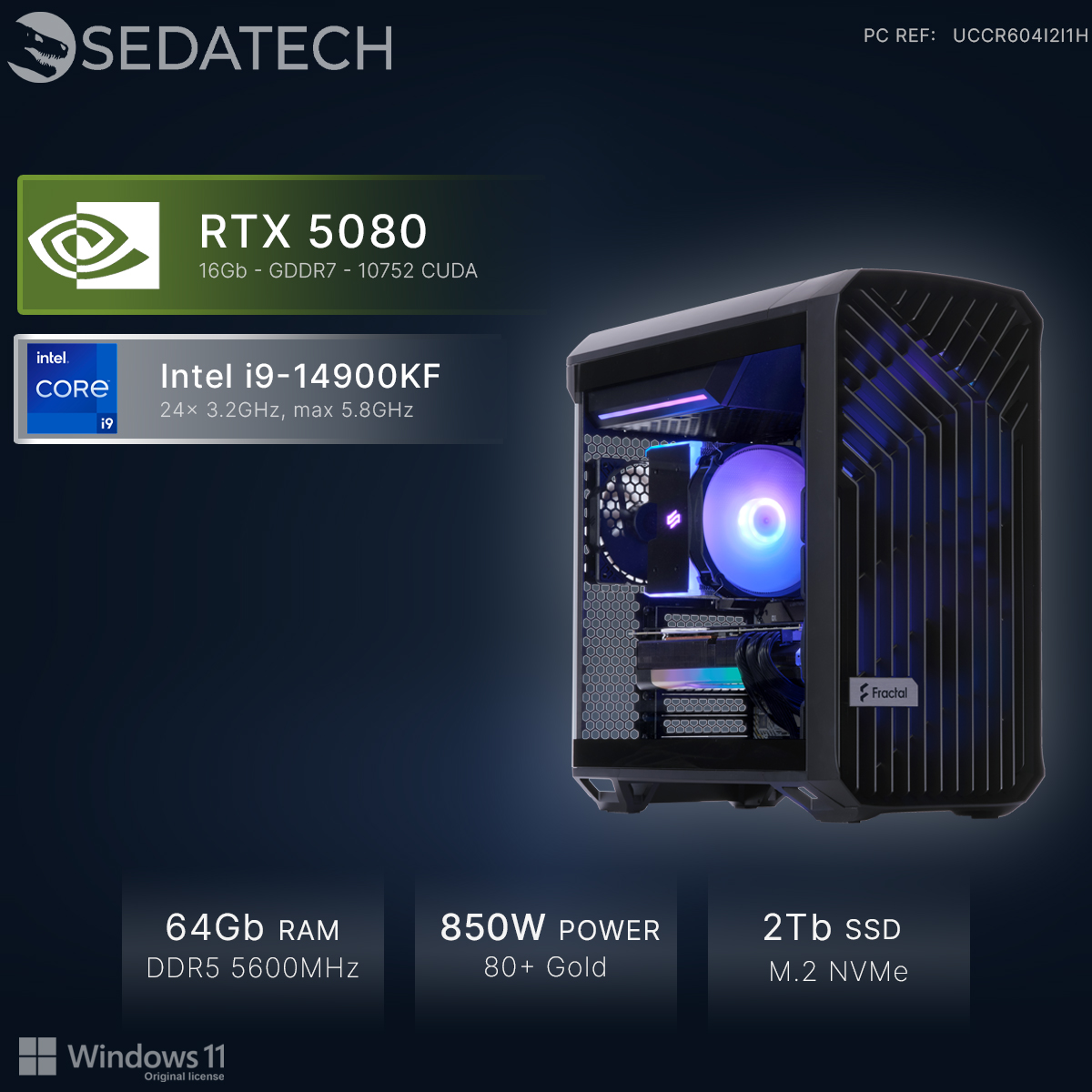 Gaming-PC mit Intel i9, RTX 5080, 64GB RAM, 850W Netzteil, 2TB SSD.