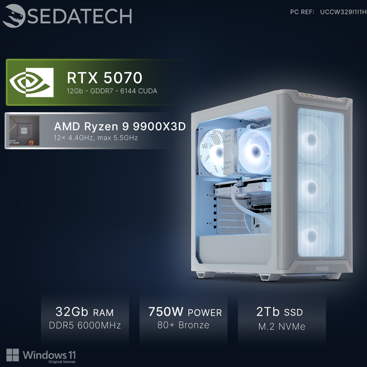 Biały PC z RTX 5070, procesorem Ryzen 9, 32GB RAM, zasilaczem 750W.