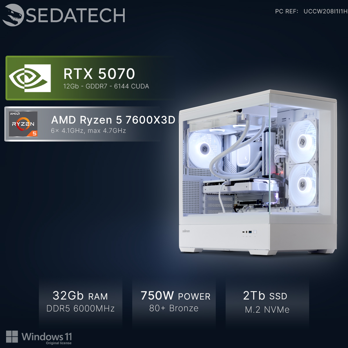 PC blanc avec ventilateurs RGB, RTX 5070, Ryzen 5, 32Go RAM, alim 750W, SSD 2To.