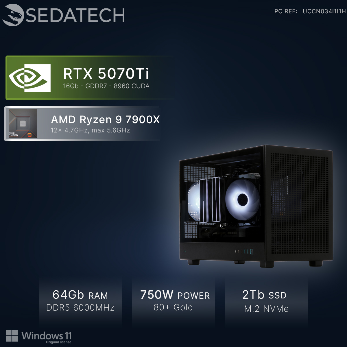 Czarny komputer PC z RTX 5070Ti, Ryzen 9, 64GB RAM, zasilaczem 750W i dyskiem SSD 2TB.