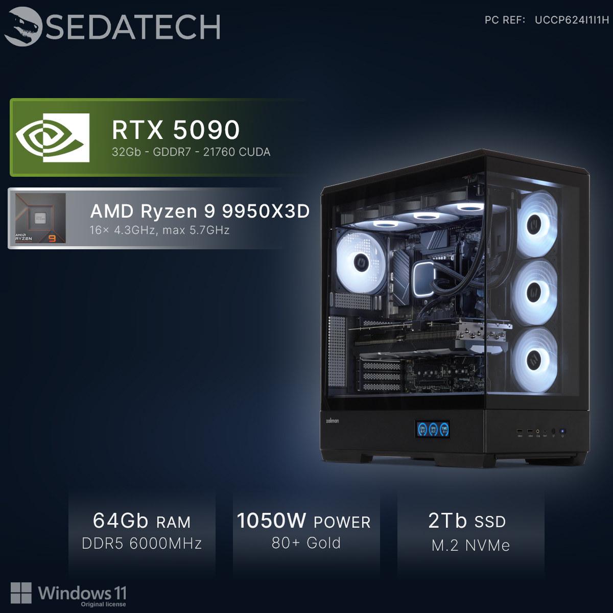 Un PC noir avec ventilateurs RGB, RTX 5090 et CPU Ryzen 9.