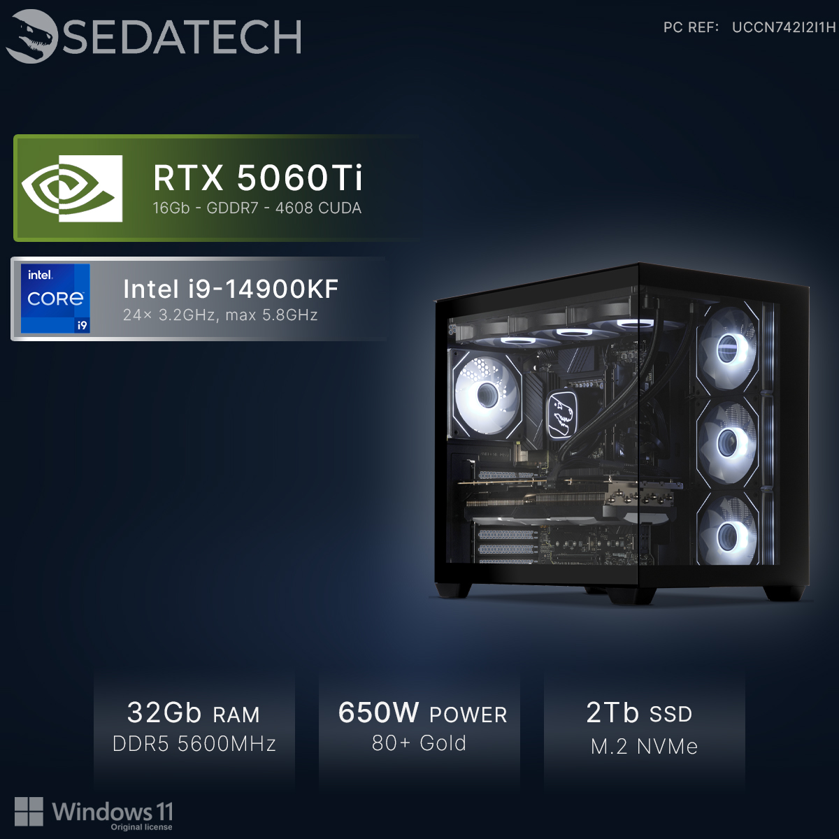 Gaming-PC mit Intel i9, RTX 5060Ti, 32GB RAM, 650W Netzteil und 2TB SSD.