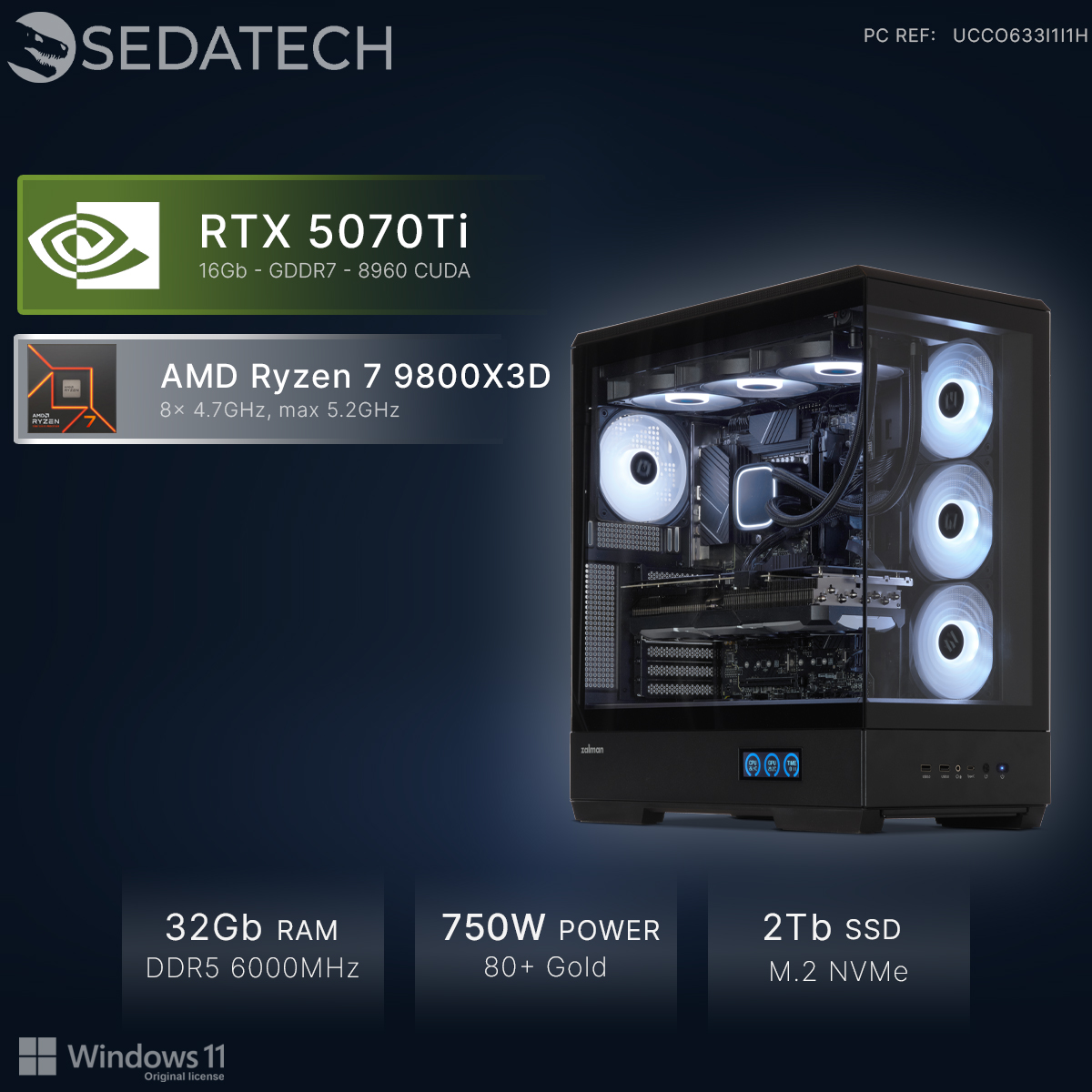 Komputer gamingowy RTX 5070Ti, Ryzen 7 9800X3D, 32GB RAM, zasilacz 750W, SSD 2TB.