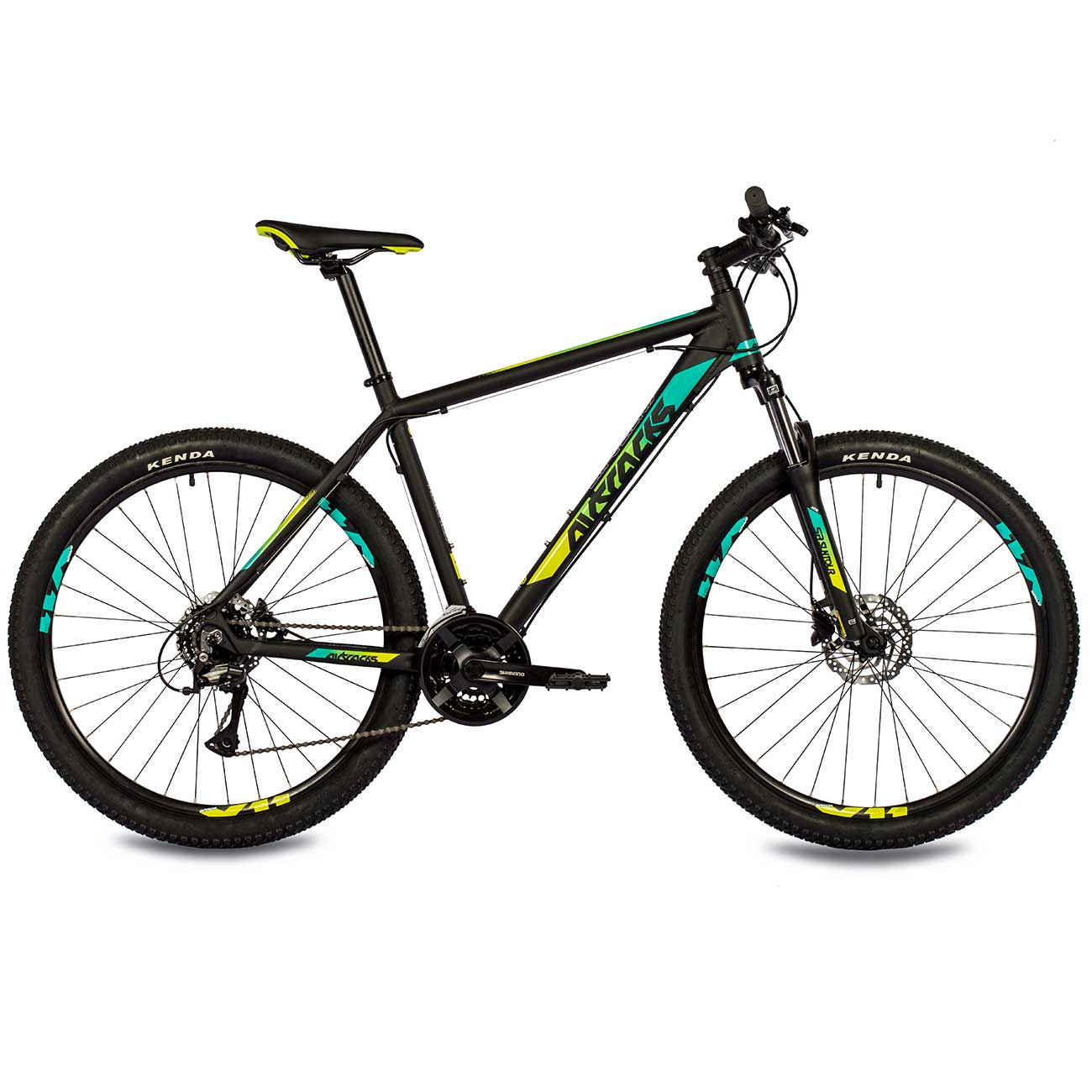 Ein schwarzes Mountainbike mit gelben und türkisen Akzenten, Kenda-Reifen und Scheibenbremsen.
