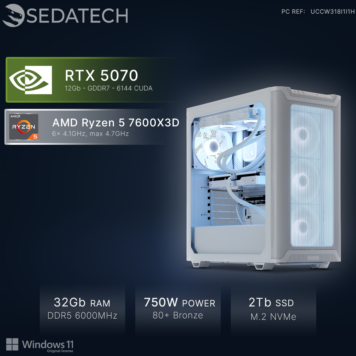 PC gaming bianco con RTX 5070, AMD Ryzen 5, 32GB RAM, 750W.