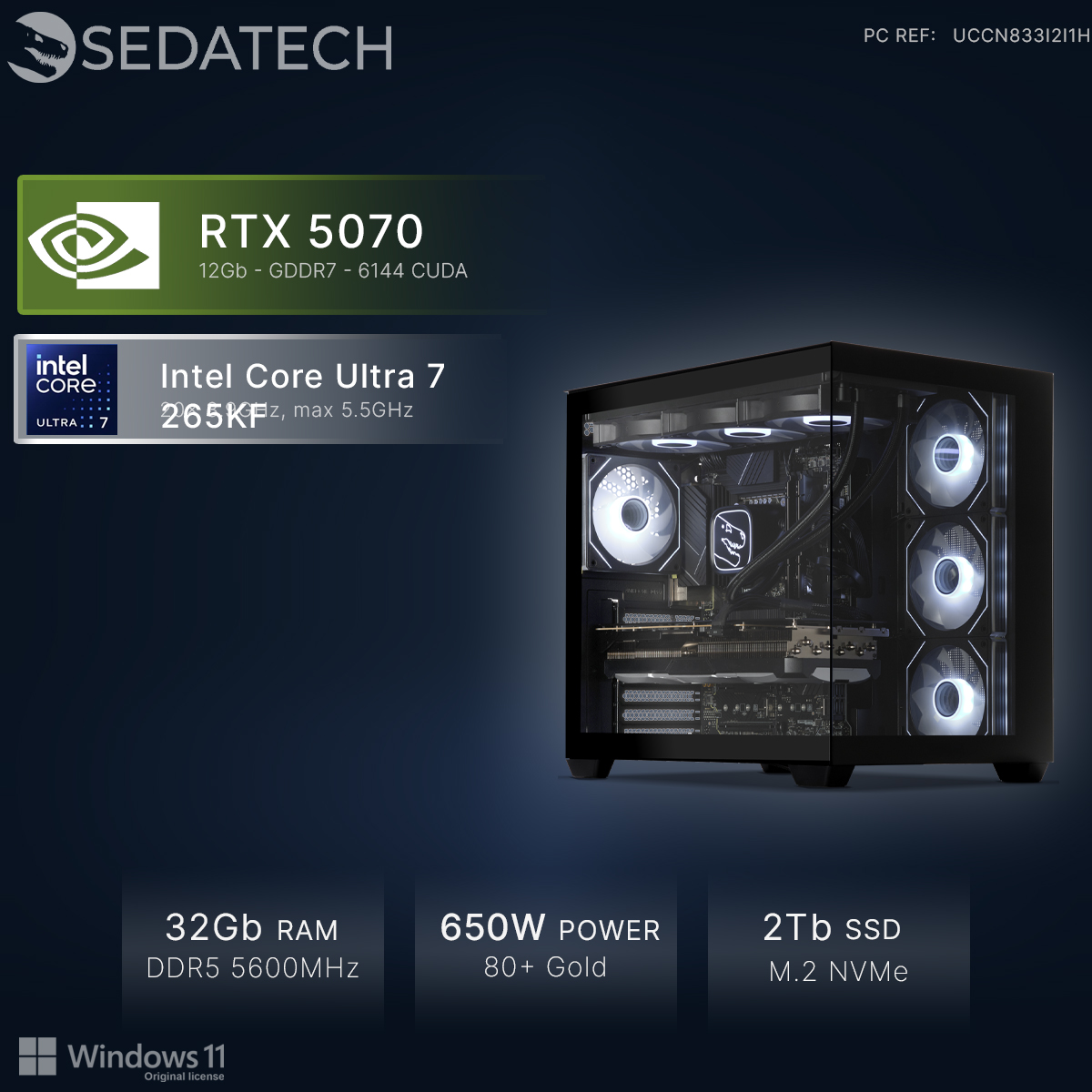 Een pc met RTX 5070, Intel Core Ultra 7, 32GB RAM, 650W voeding en 2TB SSD.
