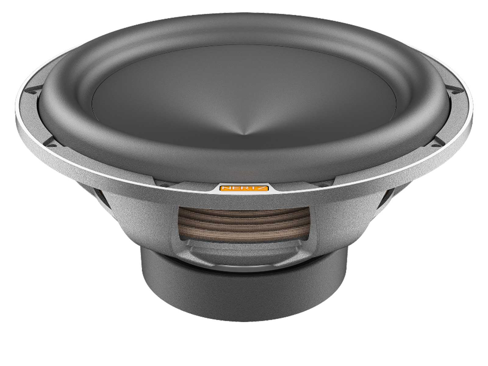 Ein grauer Subwoofer mit einem konischen Membran und silbernem Korb.