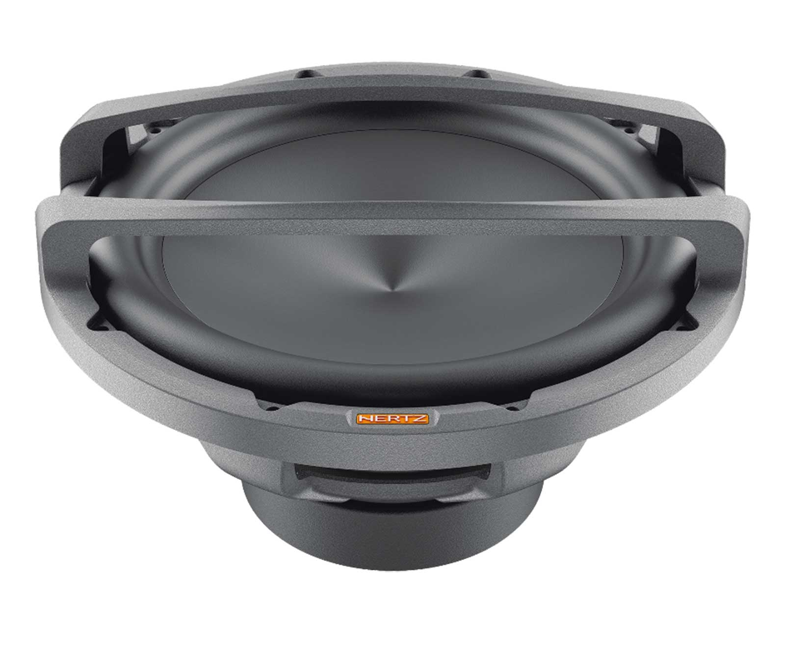 Grauer Hertz-Subwoofer mit silbernem Rahmen und konischer Membran.