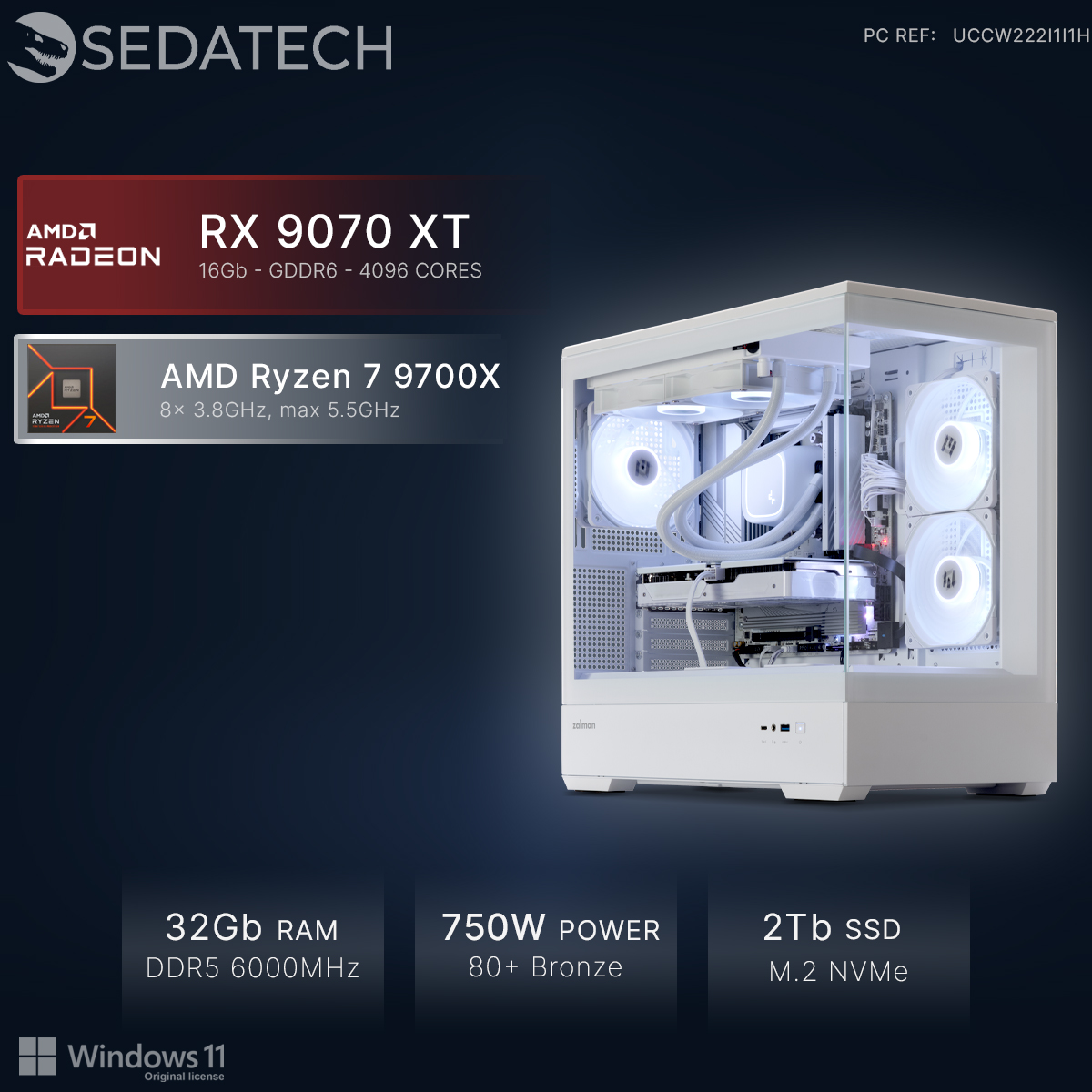 PC gaming bianco con ventole RGB, AMD Ryzen 7 9700X, RX 9070 XT.