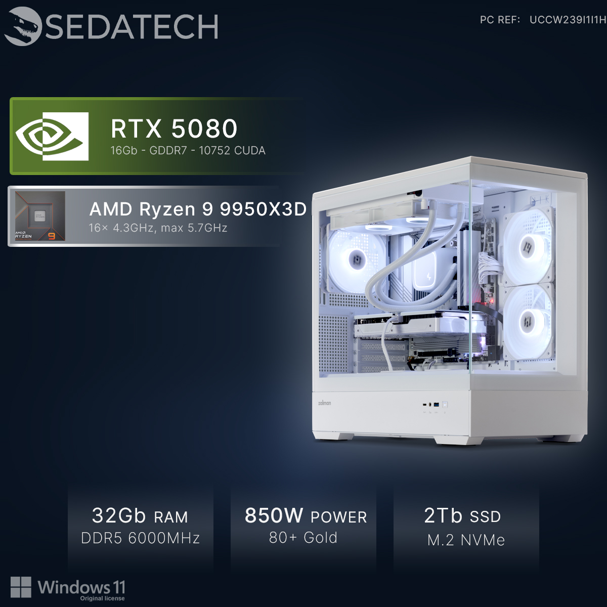 Biały PC z RTX 5080, Ryzen 9, 32GB RAM, zasilacz 850W, SSD 2TB.