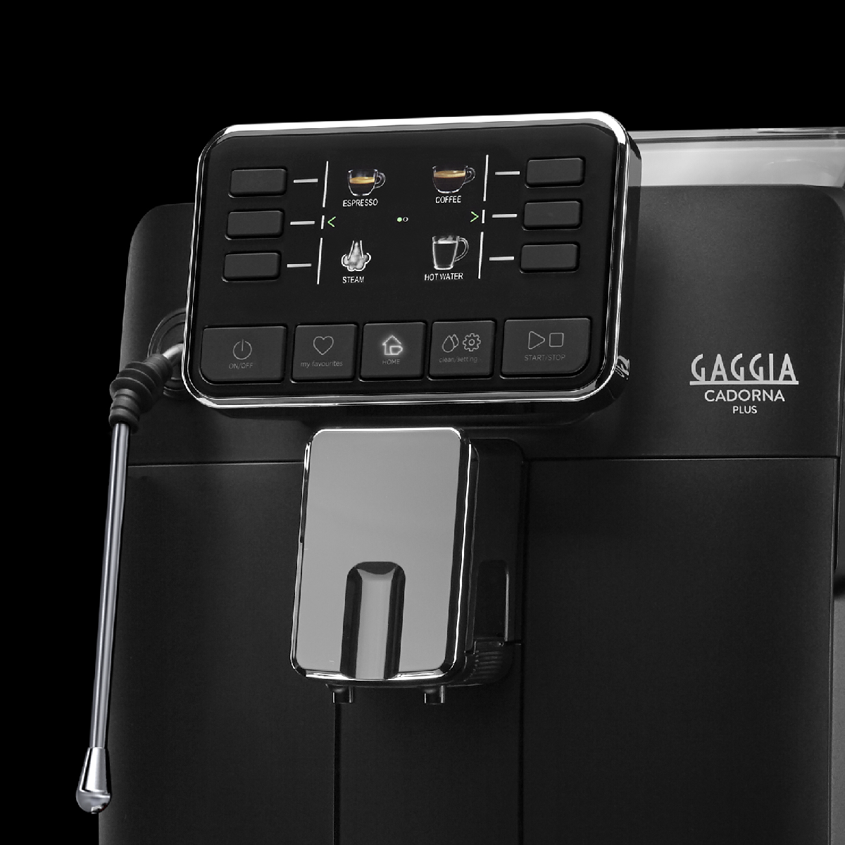 Een zwarte koffiemachine met touchscreen display dat koffieopties toont.