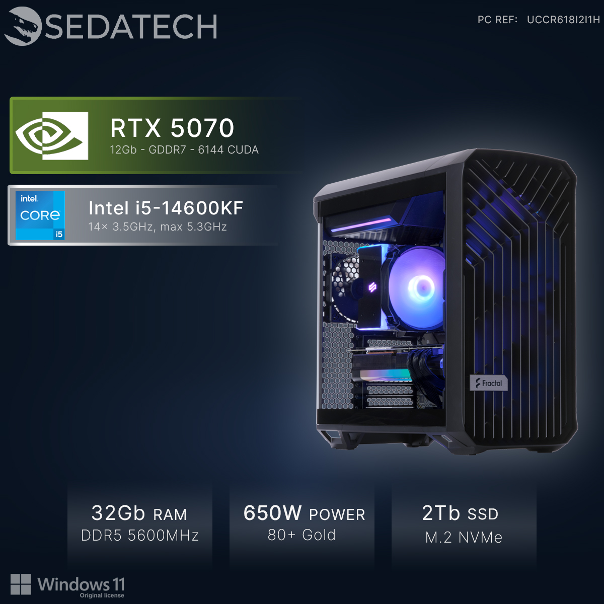 PC Gaming con RTX 5070, Intel i5-14600KF, 32GB RAM, alimentatore 650W.