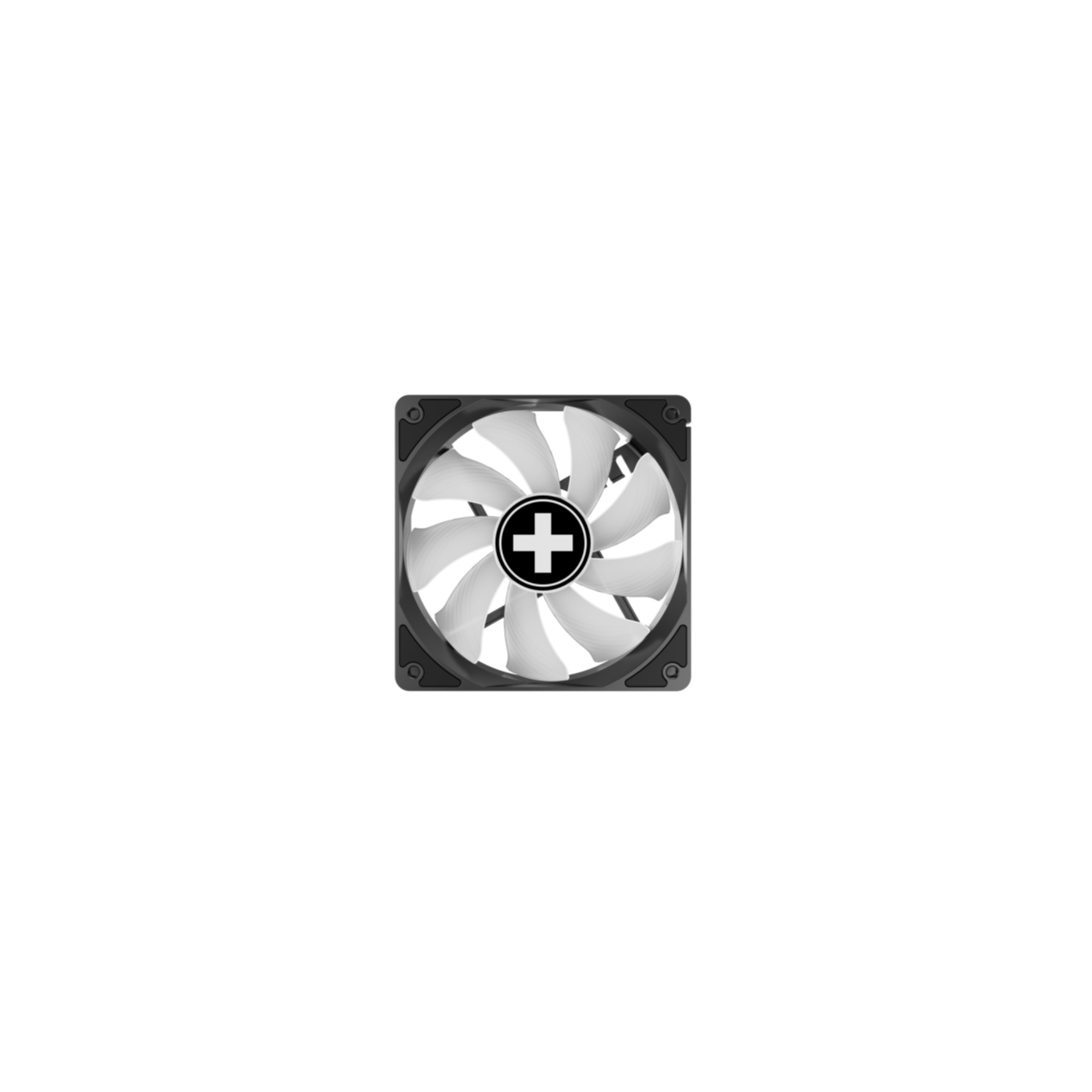Ein schwarzer Computerlüfter mit weißen Flügeln und einem schwarzen Kreuz-Logo.