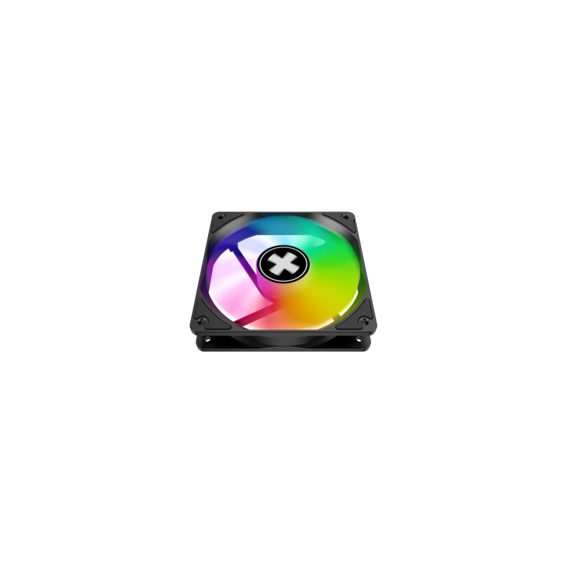 Ein schwarzer Lüfter mit RGB-Beleuchtung und einem weißen Kreuz im Zentrum.