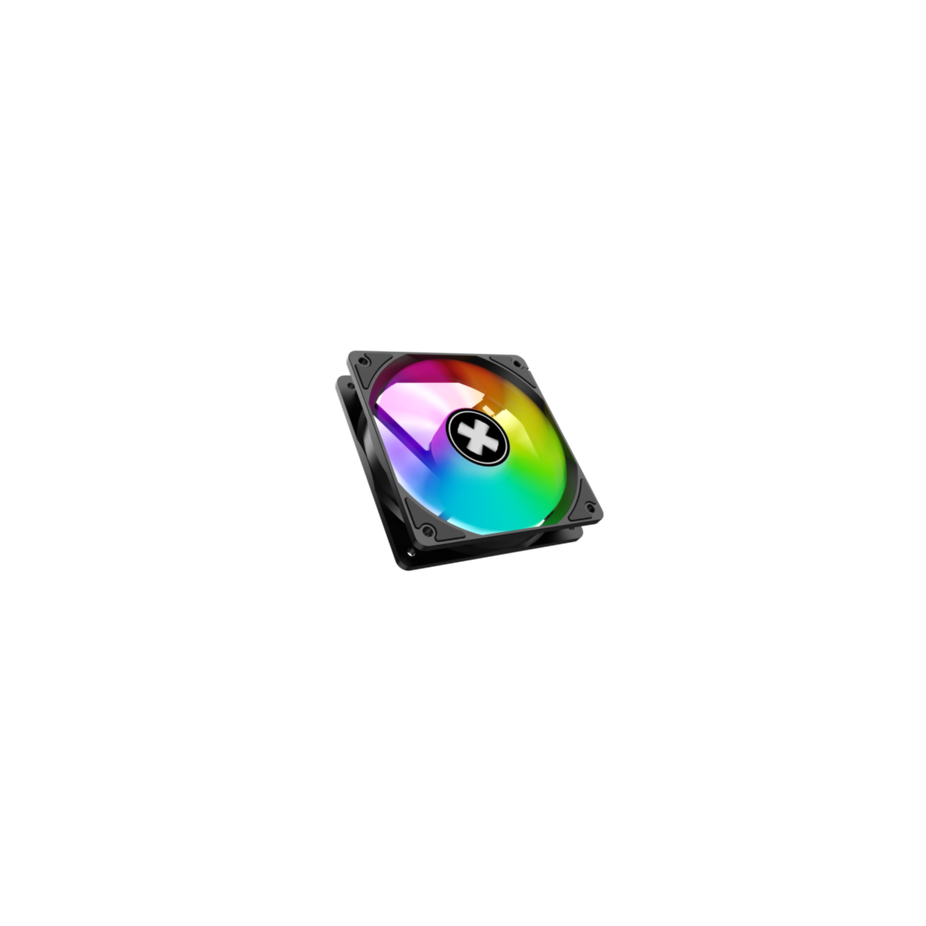 Schwarzer Lüfter mit RGB-Beleuchtung und weißem Kreuzsymbol in der Mitte.