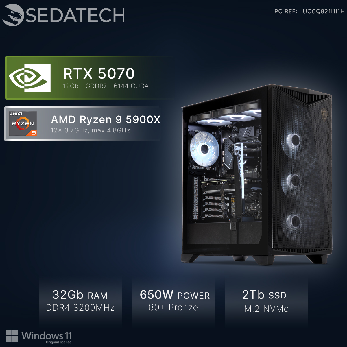 Un PC gamer noir avec RTX 5070, Ryzen 9, 32Go RAM et SSD 2To.