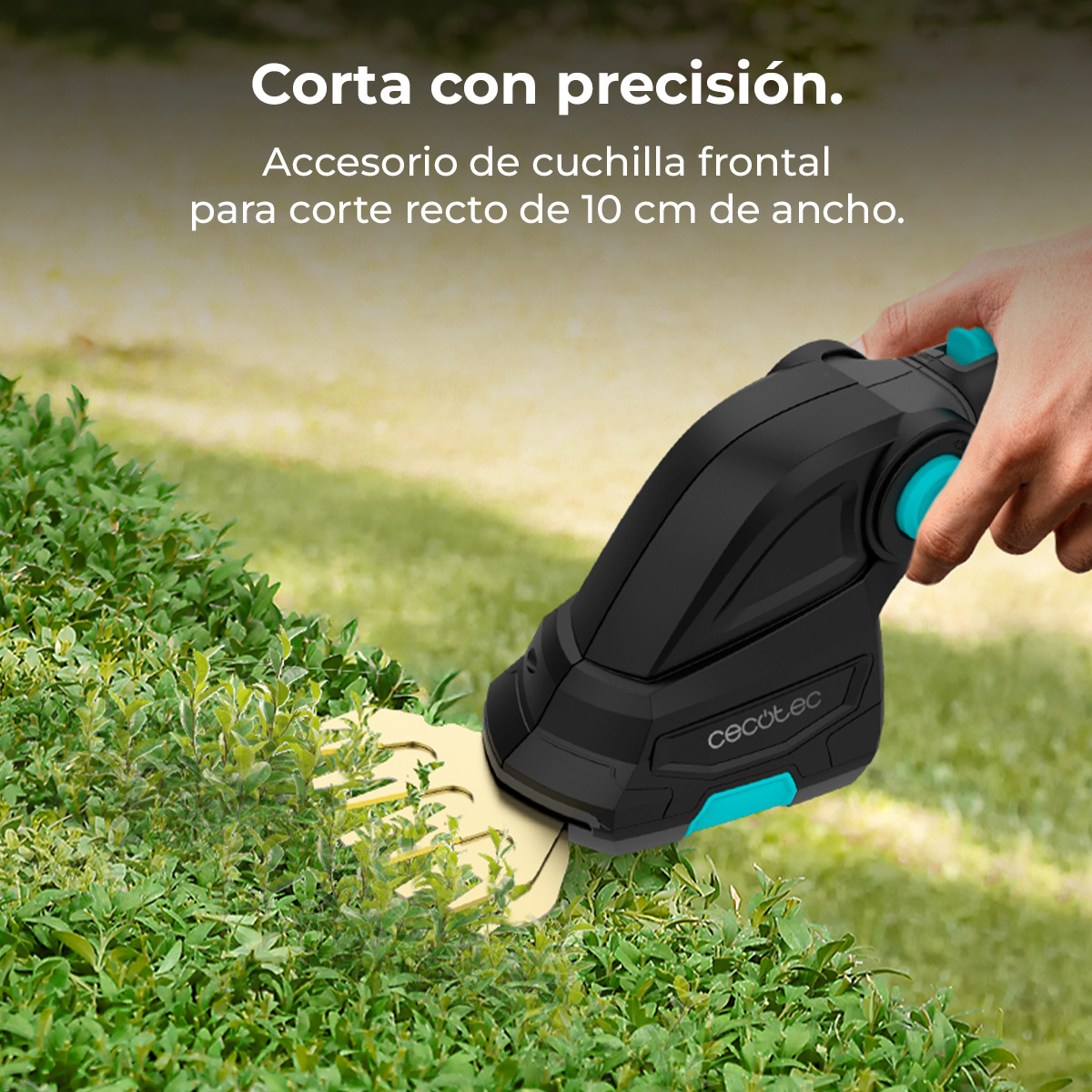 Un hombre recorta un arbusto verde con un accesorio de cortasetos negro y azul.