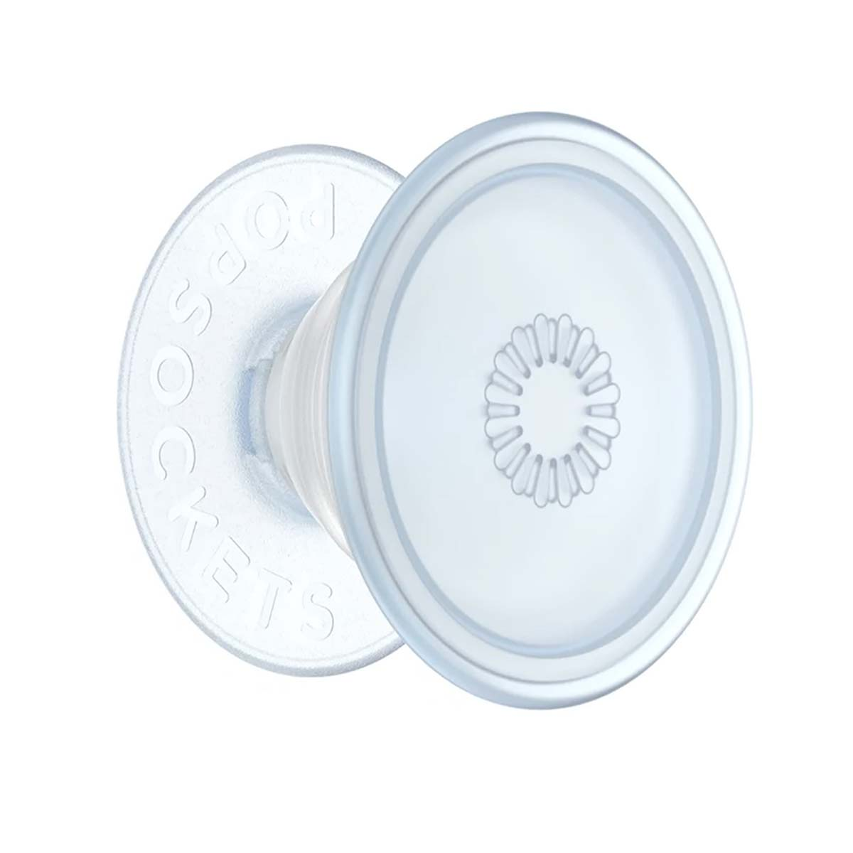 Un Popsocket transparente con un patrón de flor en el centro.