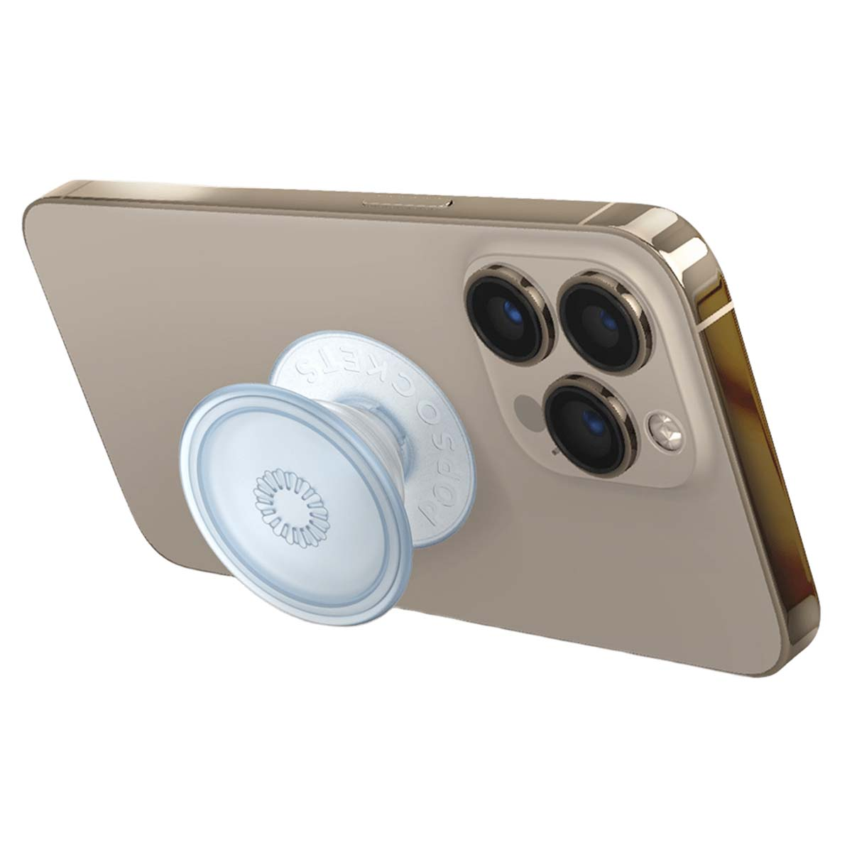 Un agarre PopSocket azul claro está en la parte trasera de un iPhone dorado.