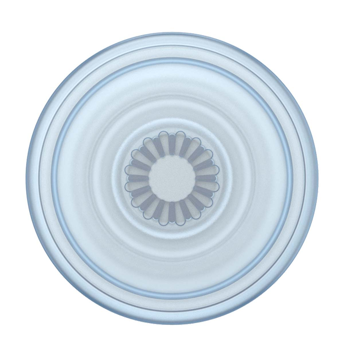 Un disco circular azul claro con anillos concéntricos y un patrón central.