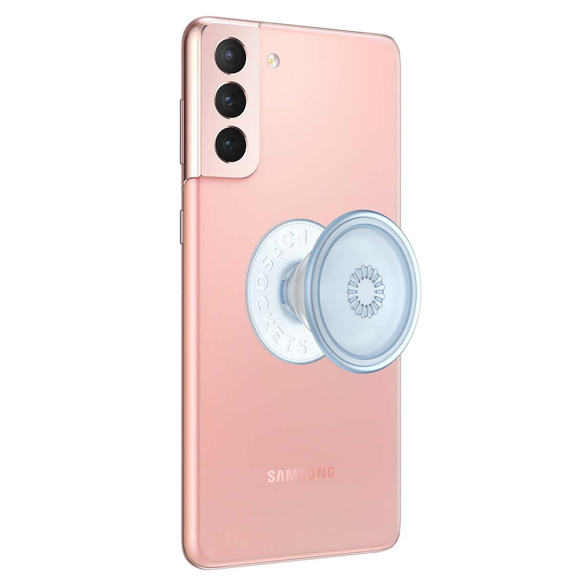 Un teléfono Samsung color oro rosa con un agarre PopSocket transparente.