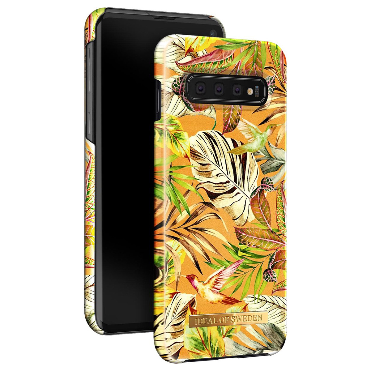 Una cover arancione per telefono con foglie tropicali e colibrì. Scritta 'IDEAL OF SWEDEN'.