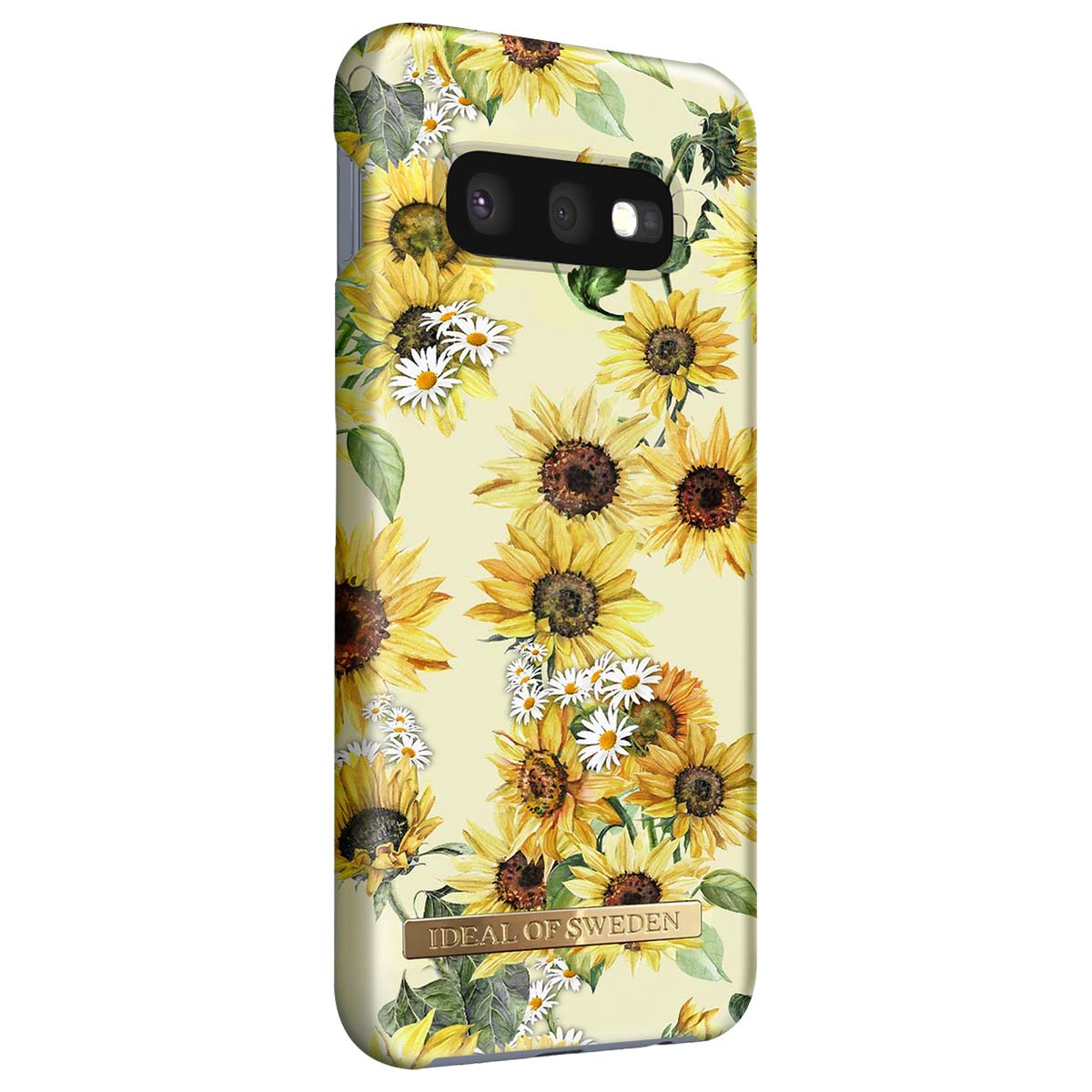 Custodia per telefono giallo chiaro con motivo di girasoli e margherite.