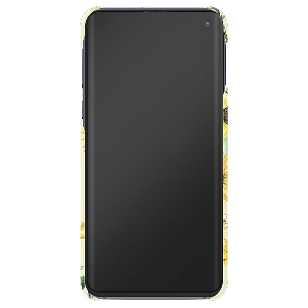 Uno smartphone con banda blu e fantasia di girasoli.