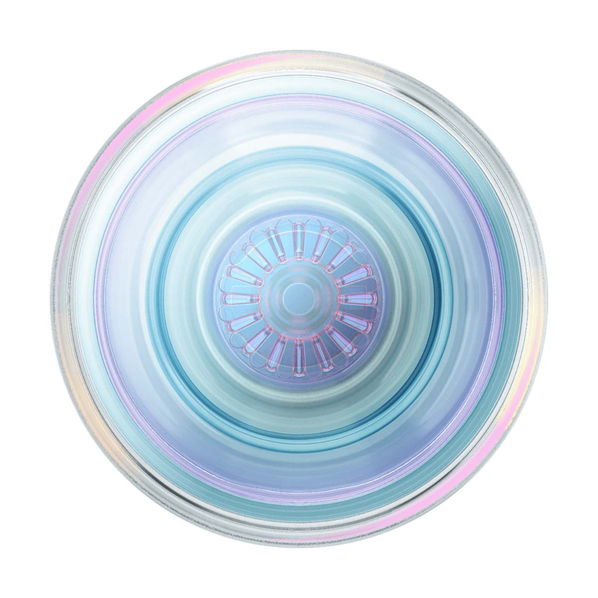 Un oggetto circolare iridescente con anelli concentrici nei toni blu e viola.
