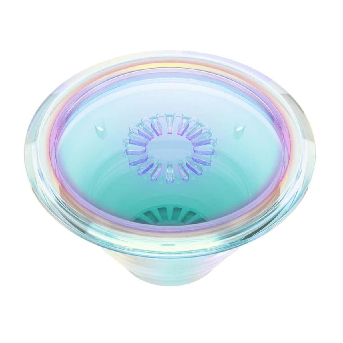 Un contenitore trasparente con bordi iridescenti e inserto blu.
