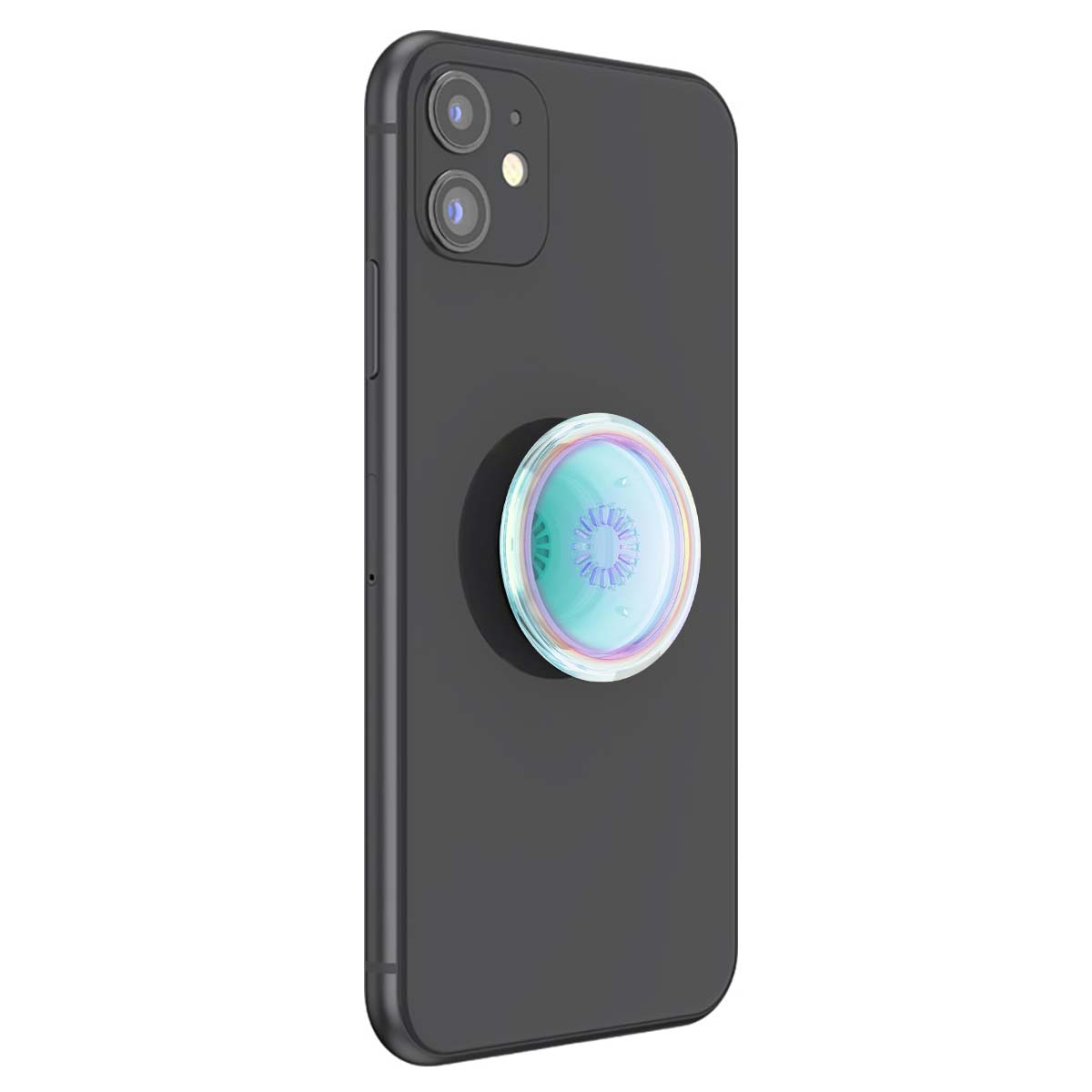 Smartphone grigio scuro con un PopSocket rotondo, color verde acqua, sul retro.