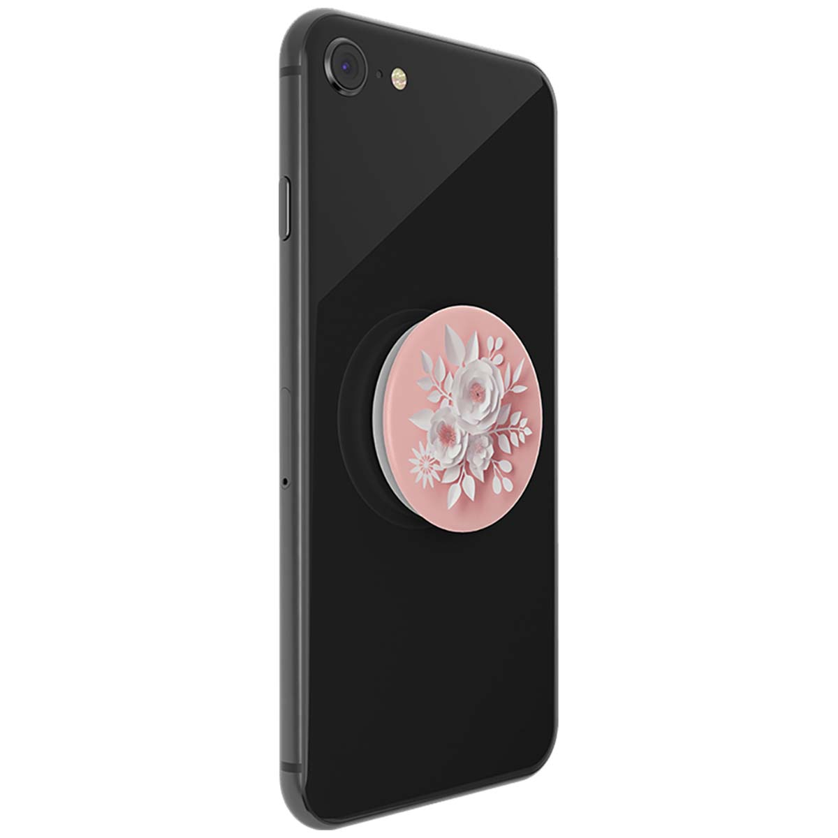 Uno smartphone nero con un PopSocket rosa a motivo floreale.