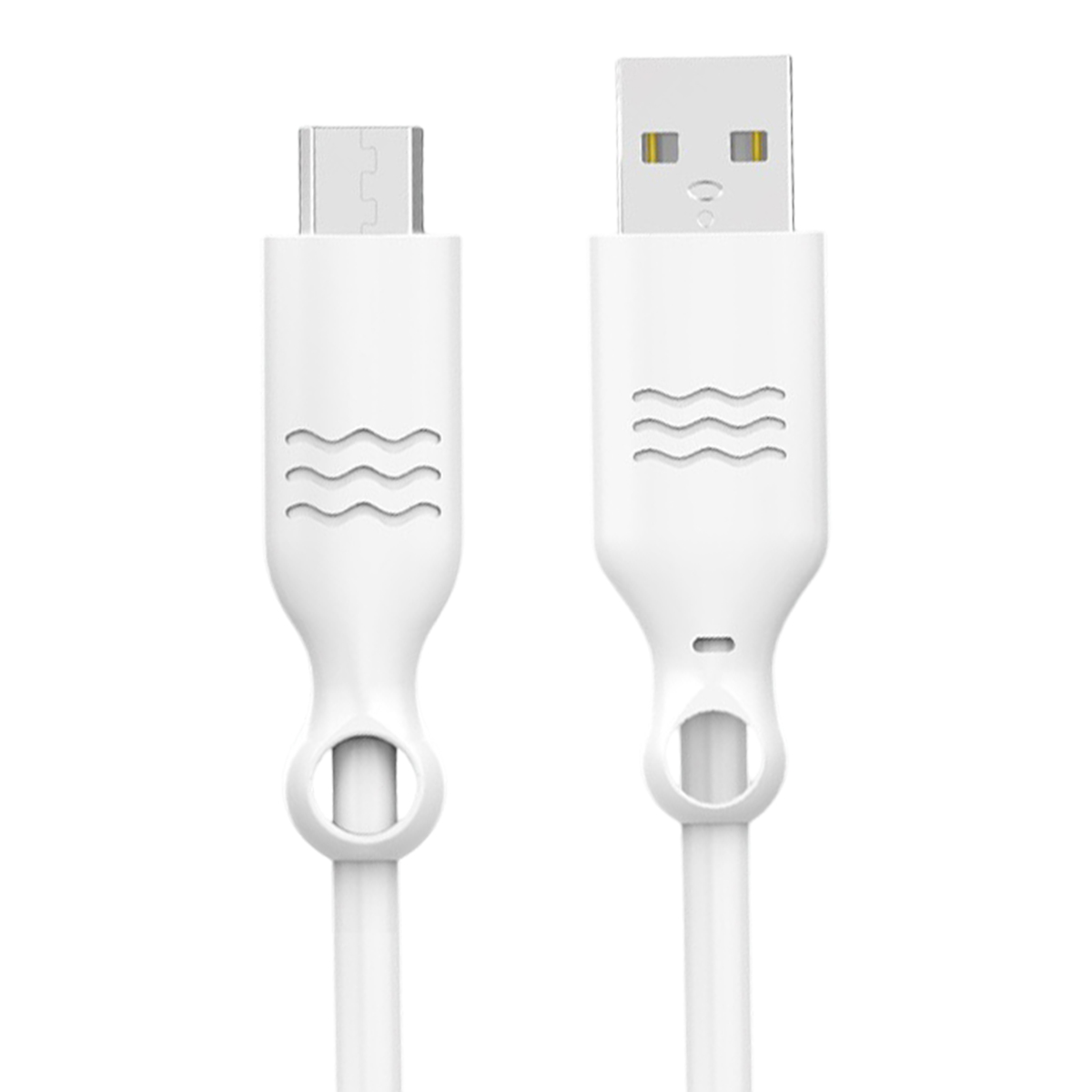 Due cavi USB bianchi con motivo a onde e foro rotondo.