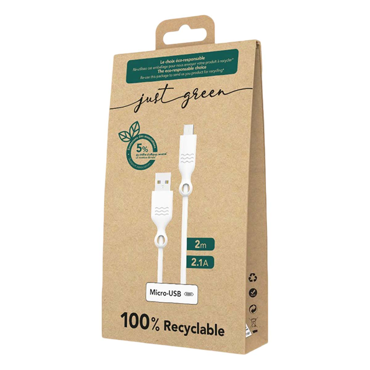 Confezione marrone con cavo Micro-USB bianco e scritte ecologiche.