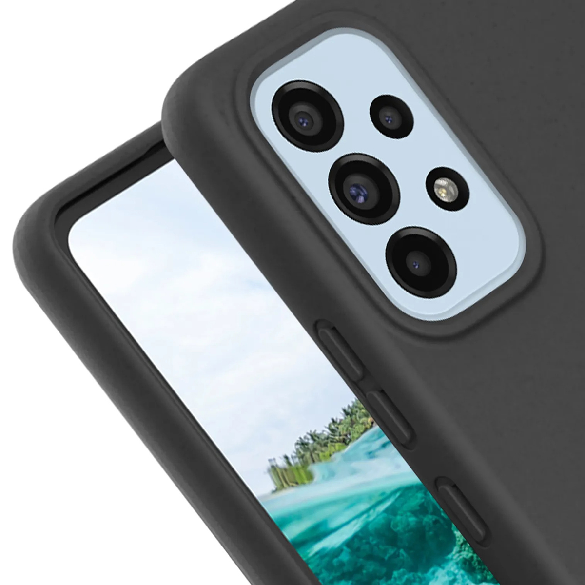 Custodia nera per telefono mostra fotocamera e sfondo spiaggia.