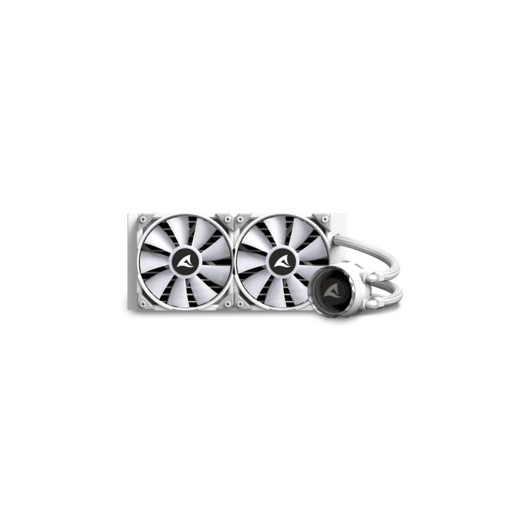 Un refrigerador líquido blanco con dos ventiladores y una bomba.