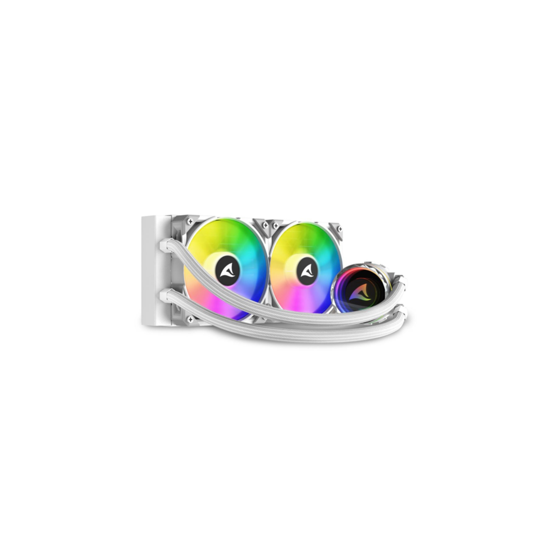 Un enfriador de CPU blanco con dos ventiladores RGB y una carcasa de bomba.
