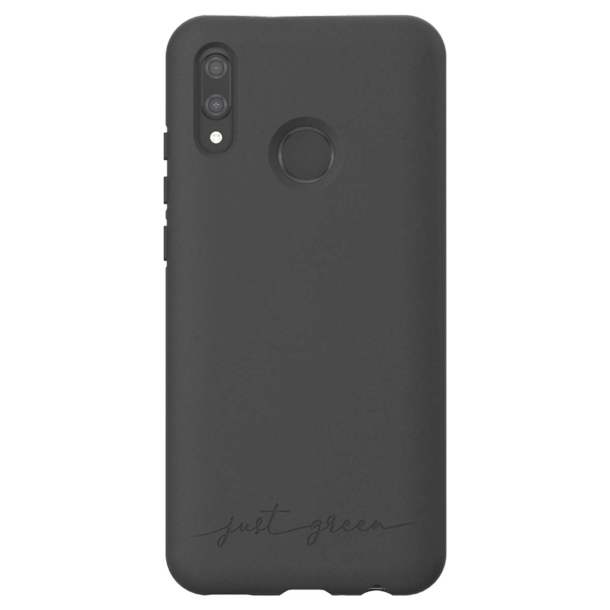 Custodia grigio scuro per telefono con sensore impronte e foro fotocamera.