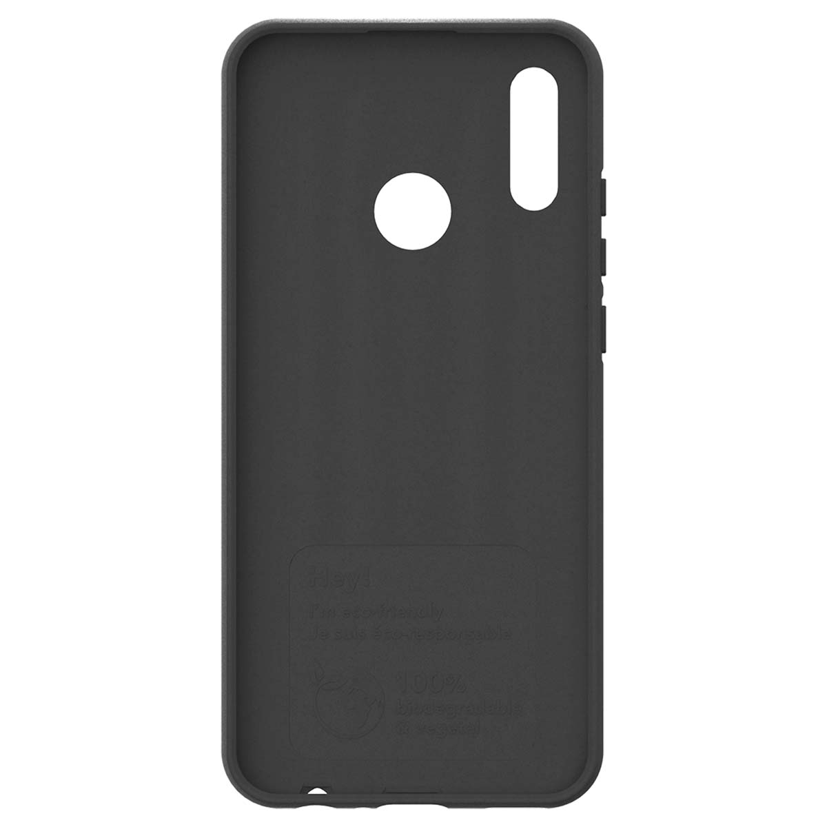 Custodia per telefono grigio scuro con ritagli per fotocamera e flash.