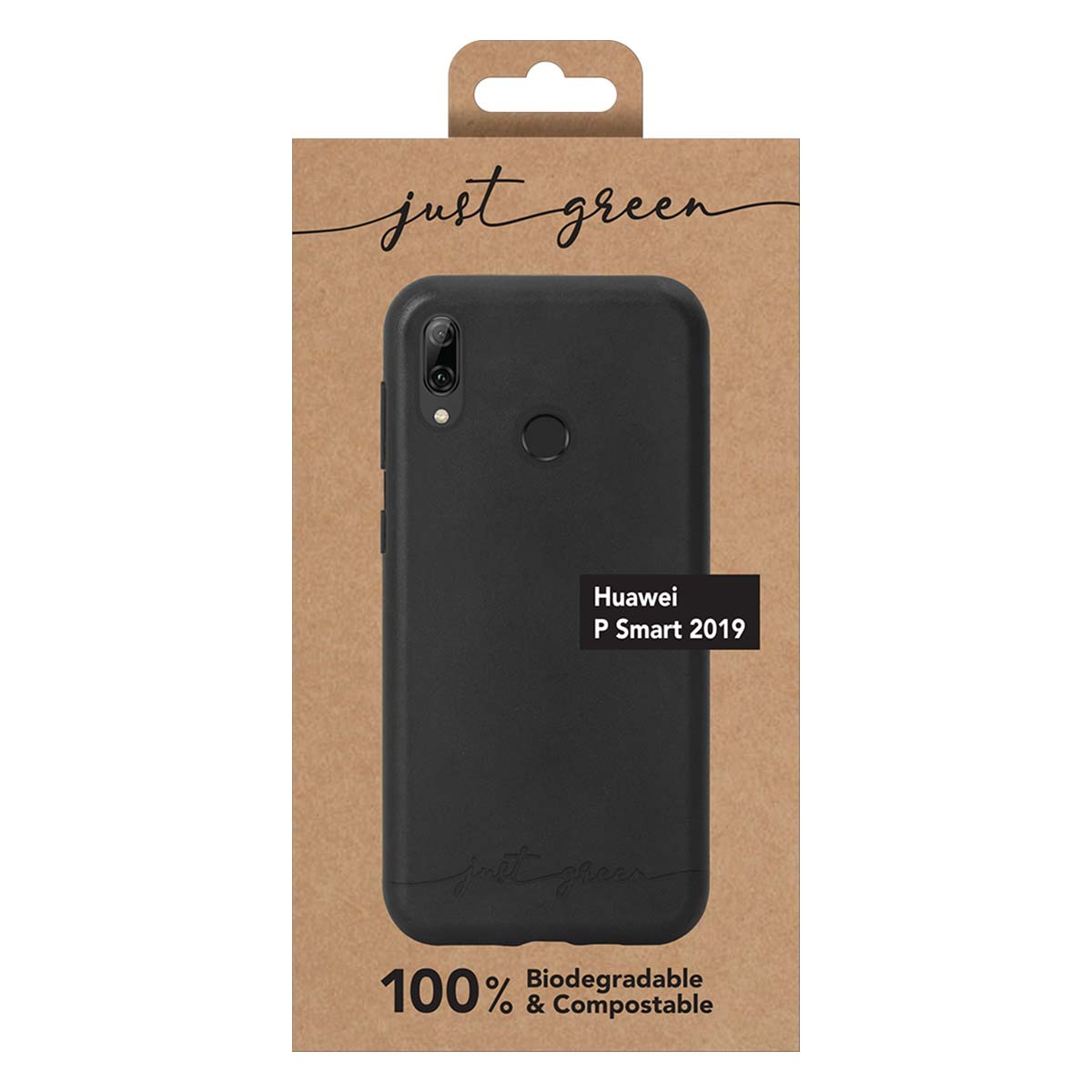 Cover nera per Huawei P Smart 2019 in confezione. Testo: Just Green, 100% biodegradabile.