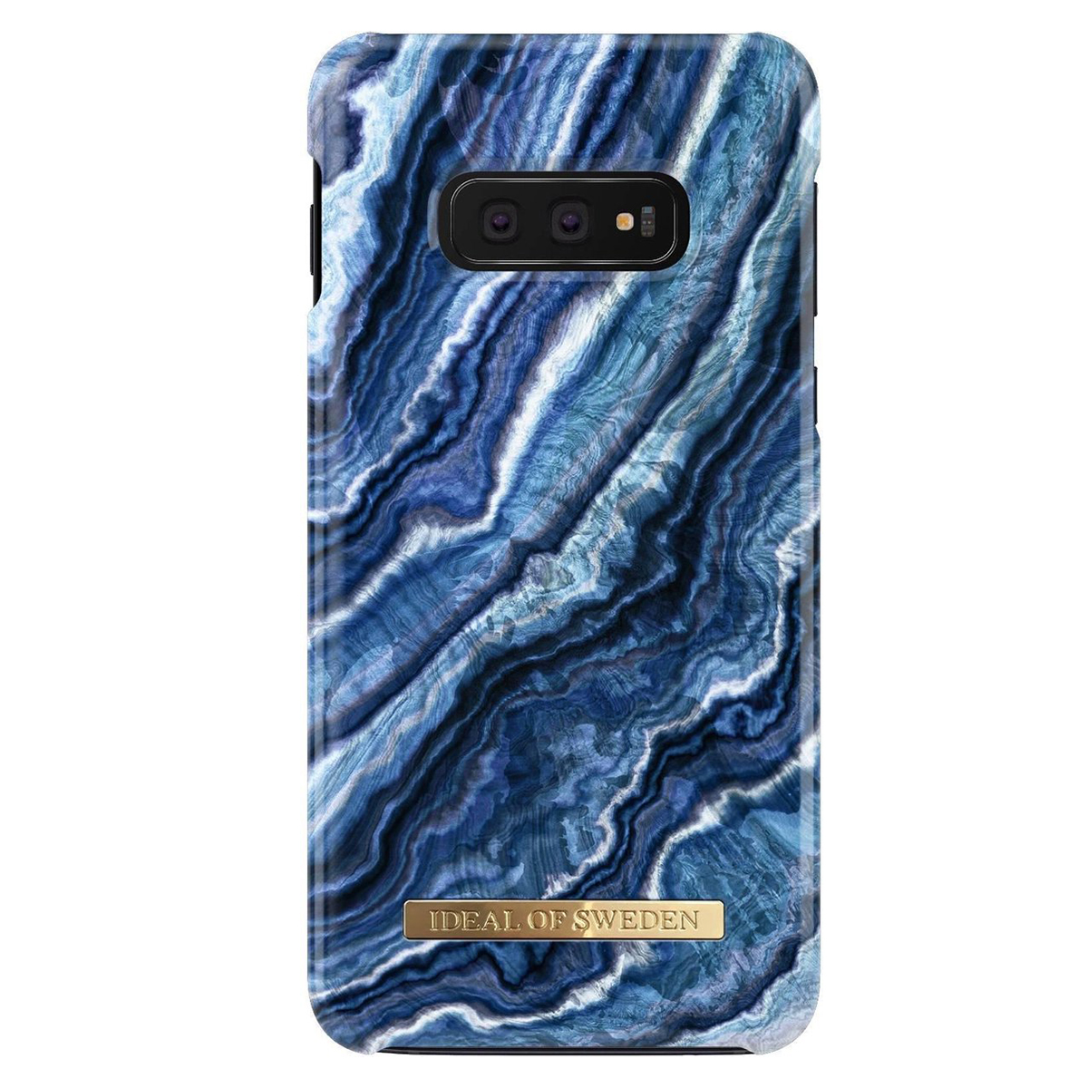 Una cover per telefono con motivo marmorizzato blu e logo dorato in rilievo.