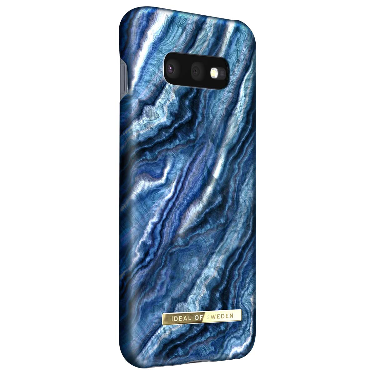 Una cover per telefono blu marmorizzata con fotocamere e logo dorato.