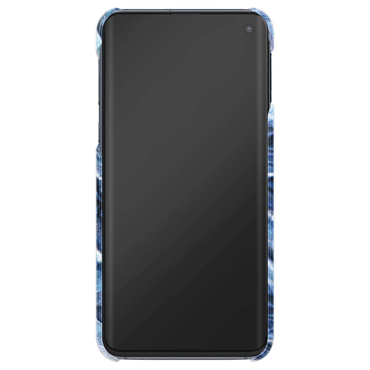 Uno smartphone con custodia a fantasia marmo blu su sfondo bianco.